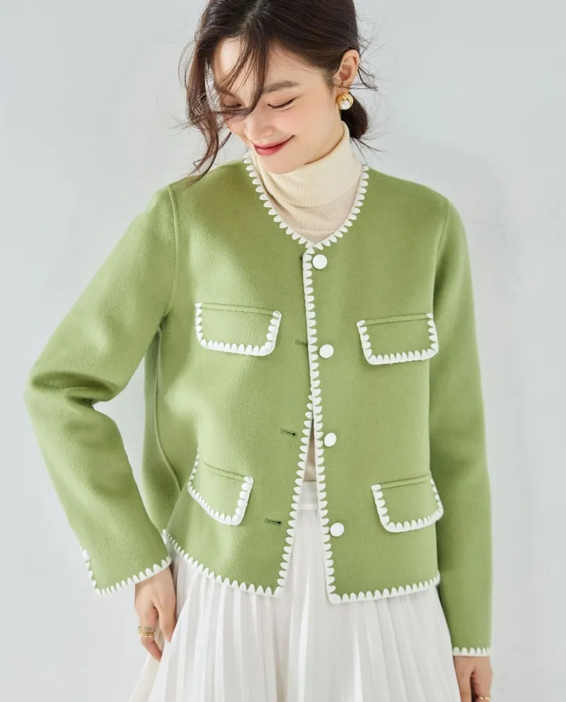 23 Cappotto corto in lana double face fatto a mano in stile profumato con conchiglia in colore a contrasto in lana autunnale e i