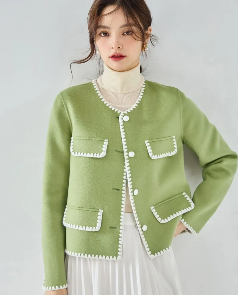 23 Cappotto corto in lana double face fatto a mano in stile profumato con conchiglia in colore a contrasto in lana autunnale e i