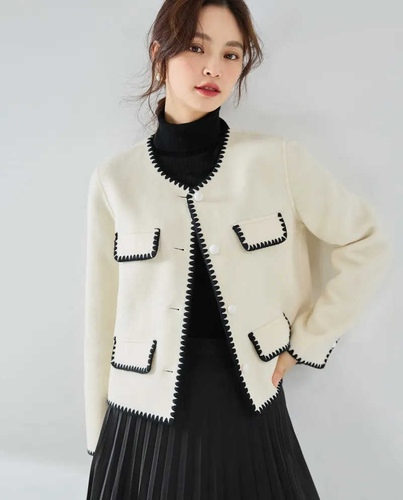23 Cappotto corto in lana double face fatto a mano in stile profumato con conchiglia in colore a contrasto in lana autunnale e i