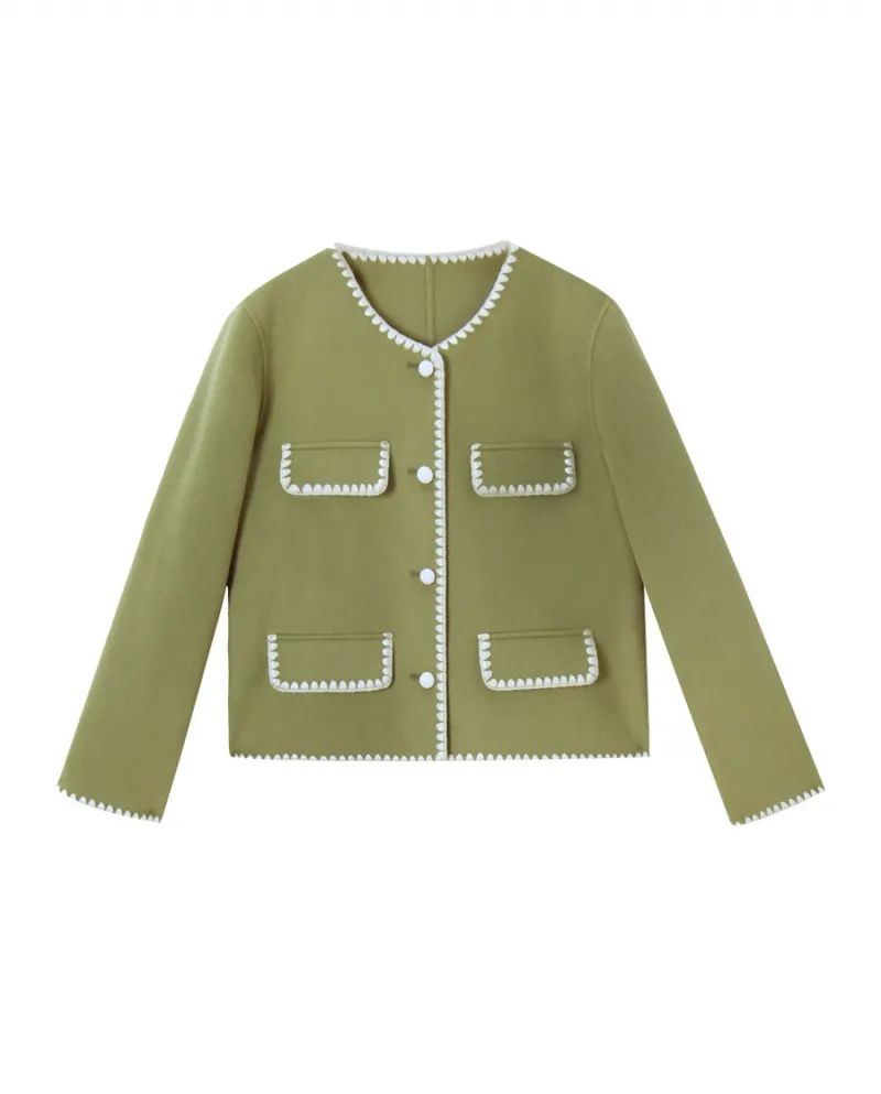 23 Cappotto corto in lana double face fatto a mano in stile profumato con conchiglia in colore a contrasto in lana autunnale e i