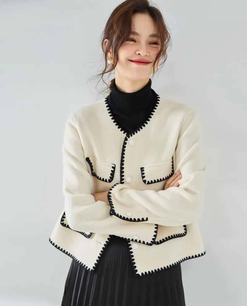23 Cappotto corto in lana double face fatto a mano in stile profumato con conchiglia in colore a contrasto in lana autunnale e i