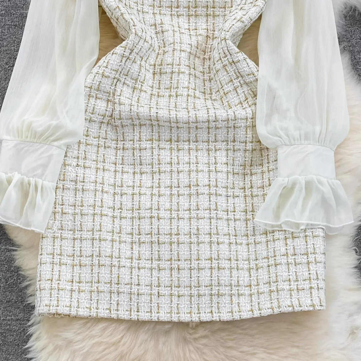 Abito in tweed maniche maniche Mini abito in tweed Robe Chic Tweed Tarf Donna Autunno