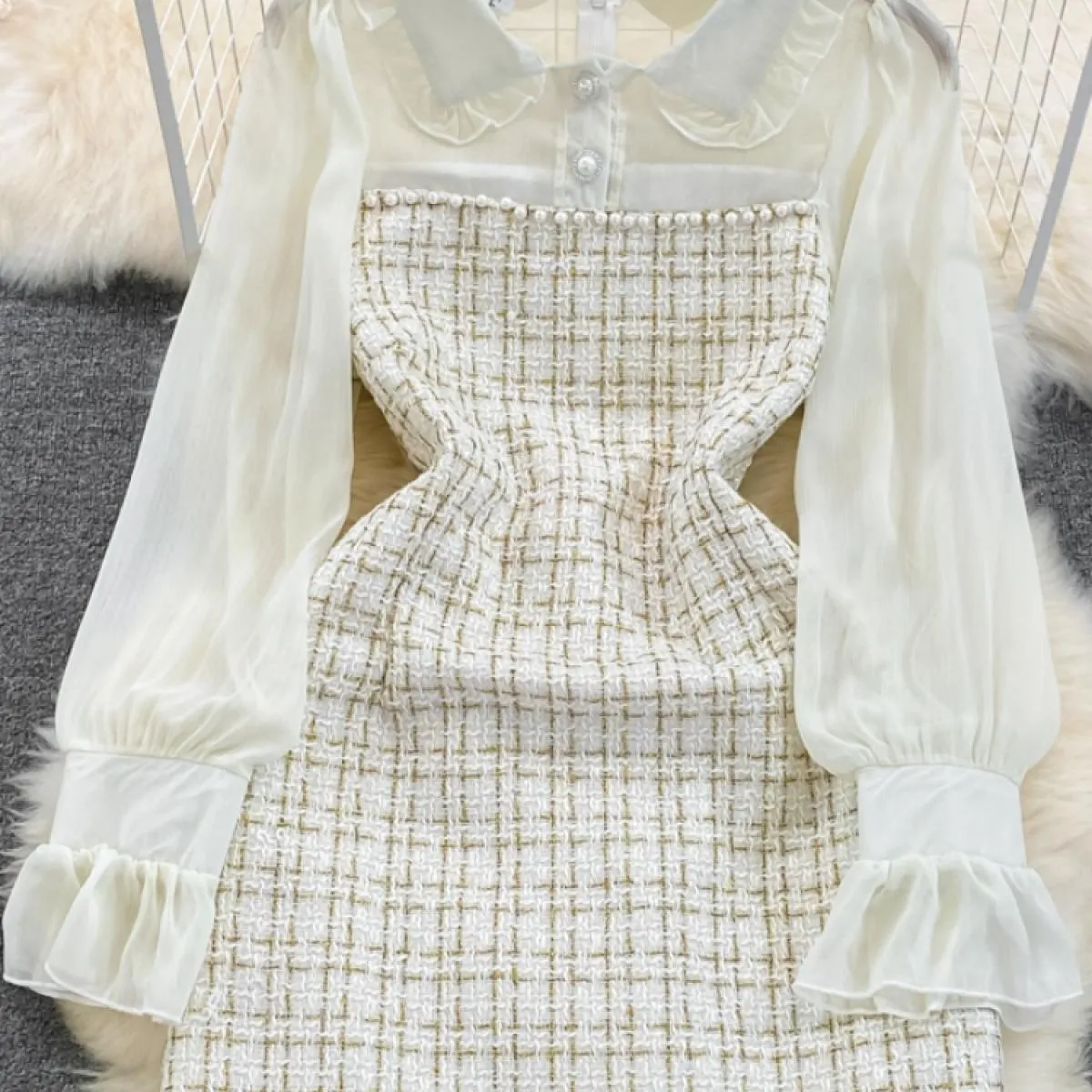 Abito in tweed maniche maniche Mini abito in tweed Robe Chic Tweed Tarf Donna Autunno