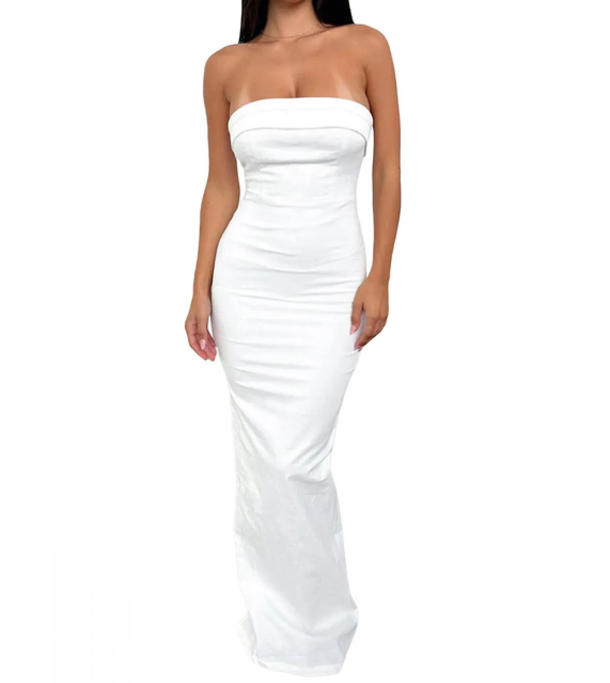 Abito lungo senza maniche in raso senza maniche con spalle scoperte da donna Estate Elegante cinturino senza spalline aderente C