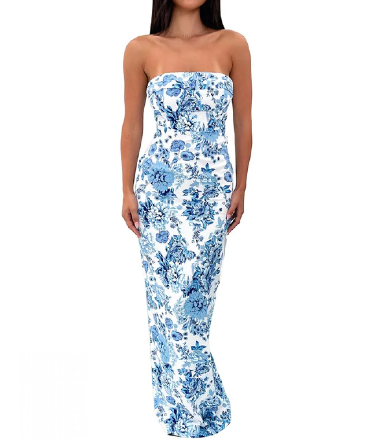 Abito lungo senza maniche in raso senza maniche con spalle scoperte da donna Estate Elegante cinturino senza spalline aderente C