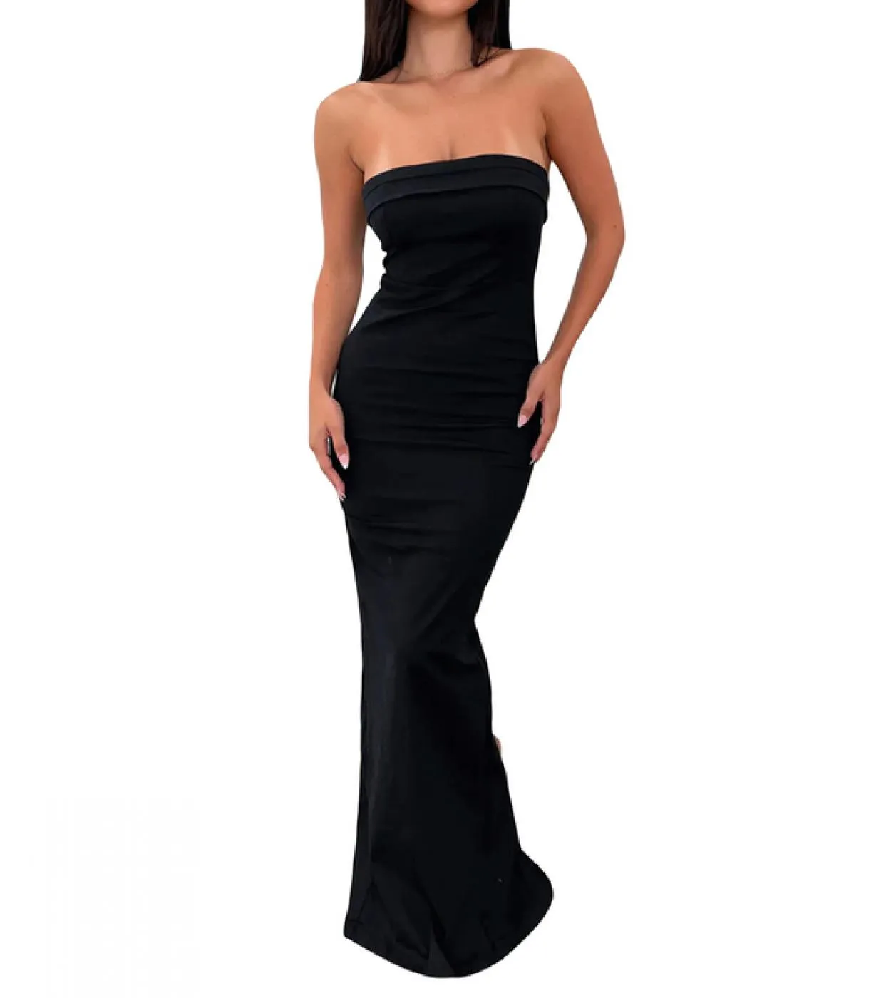 Abito lungo senza maniche in raso senza maniche con spalle scoperte da donna Estate Elegante cinturino senza spalline aderente C
