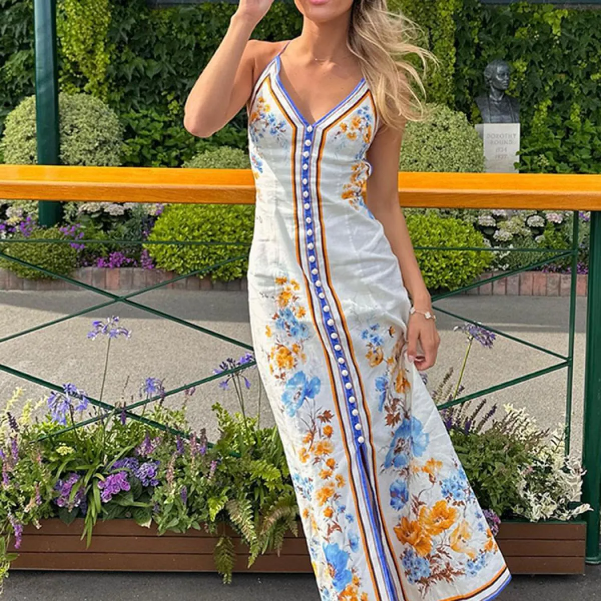 Abito maxi sottile con stampa colorata moda donna abito estivo elegante senza maniche aderente con fionda abiti donna 2024 nuova