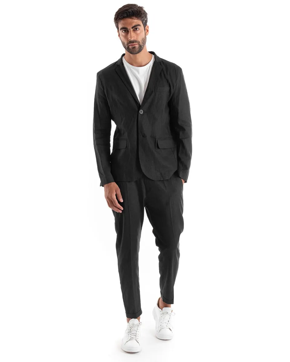 Abito Uomo Monopetto Vestito Lino Completo Giacca Pantaloni Nero Sportivo Elegante Cerimonia GIOSAL-OU2136A