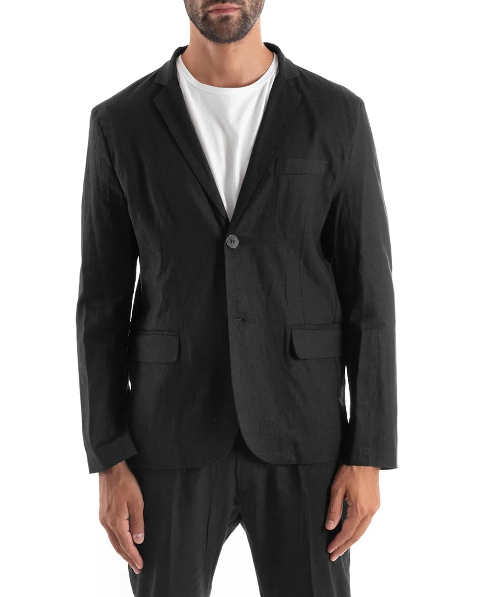 Abito Uomo Monopetto Vestito Lino Completo Giacca Pantaloni Nero Sportivo Elegante Cerimonia GIOSAL-OU2136A