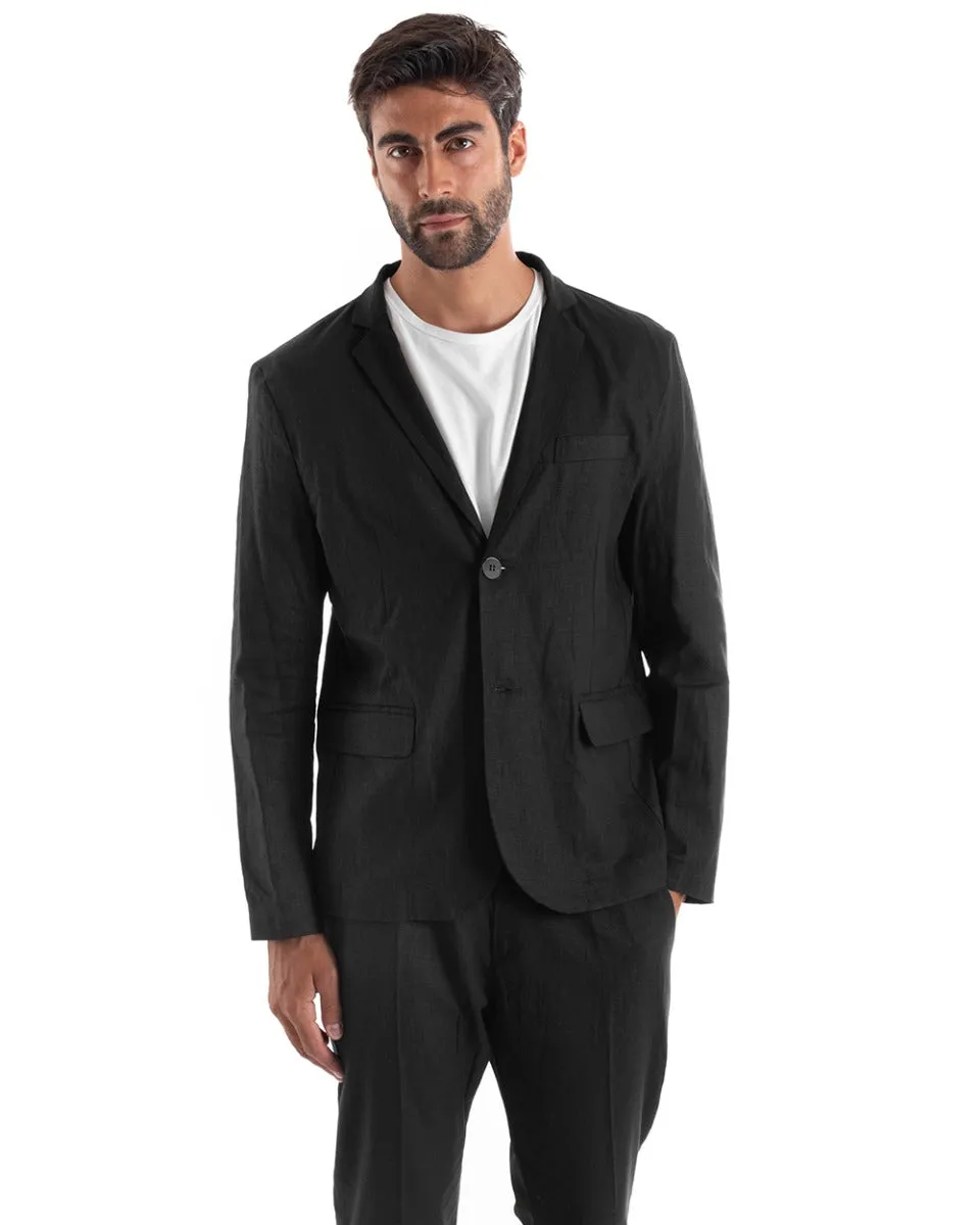 Abito Uomo Monopetto Vestito Lino Completo Giacca Pantaloni Nero Sportivo Elegante Cerimonia GIOSAL-OU2136A