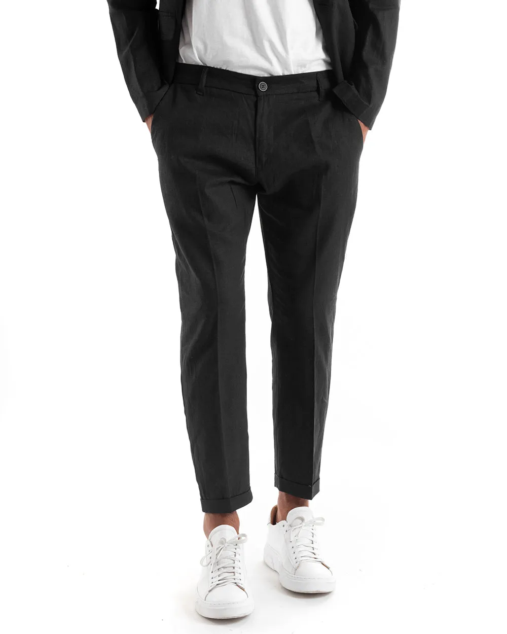 Abito Uomo Monopetto Vestito Lino Completo Giacca Pantaloni Nero Sportivo Elegante Cerimonia GIOSAL-OU2136A