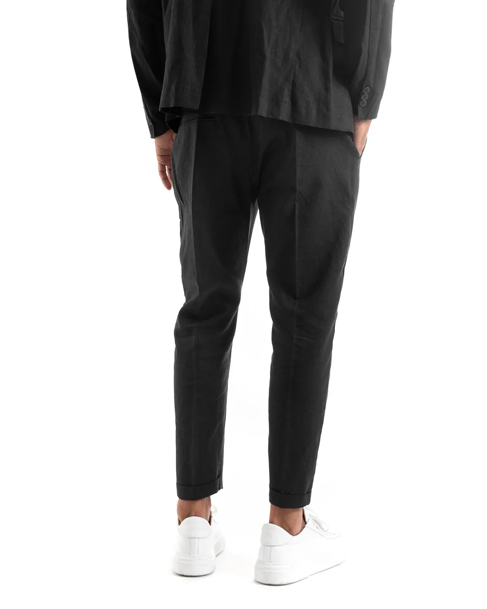 Abito Uomo Monopetto Vestito Lino Completo Giacca Pantaloni Nero Sportivo Elegante Cerimonia GIOSAL-OU2136A