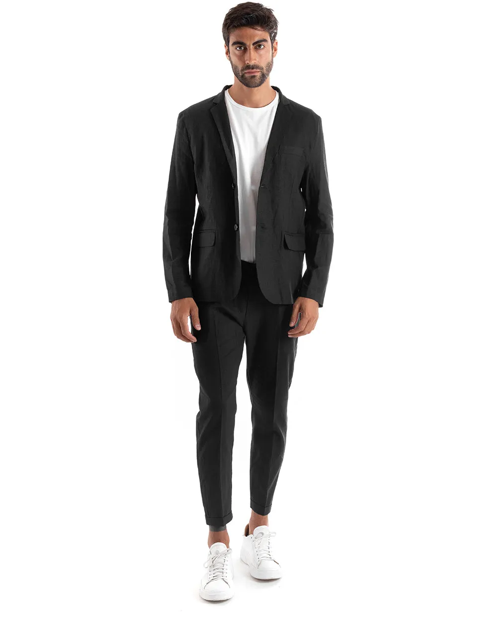 Abito Uomo Monopetto Vestito Lino Completo Giacca Pantaloni Nero Sportivo Elegante Cerimonia GIOSAL-OU2136A