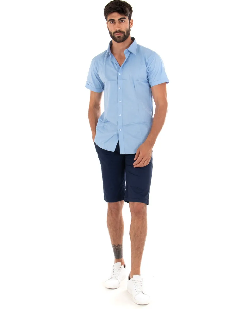 Bermuda Pantaloncino Uomo Corto Tinta Unita Blu Classico Tasca America Cotone Casual GIOSAL-PC1724A