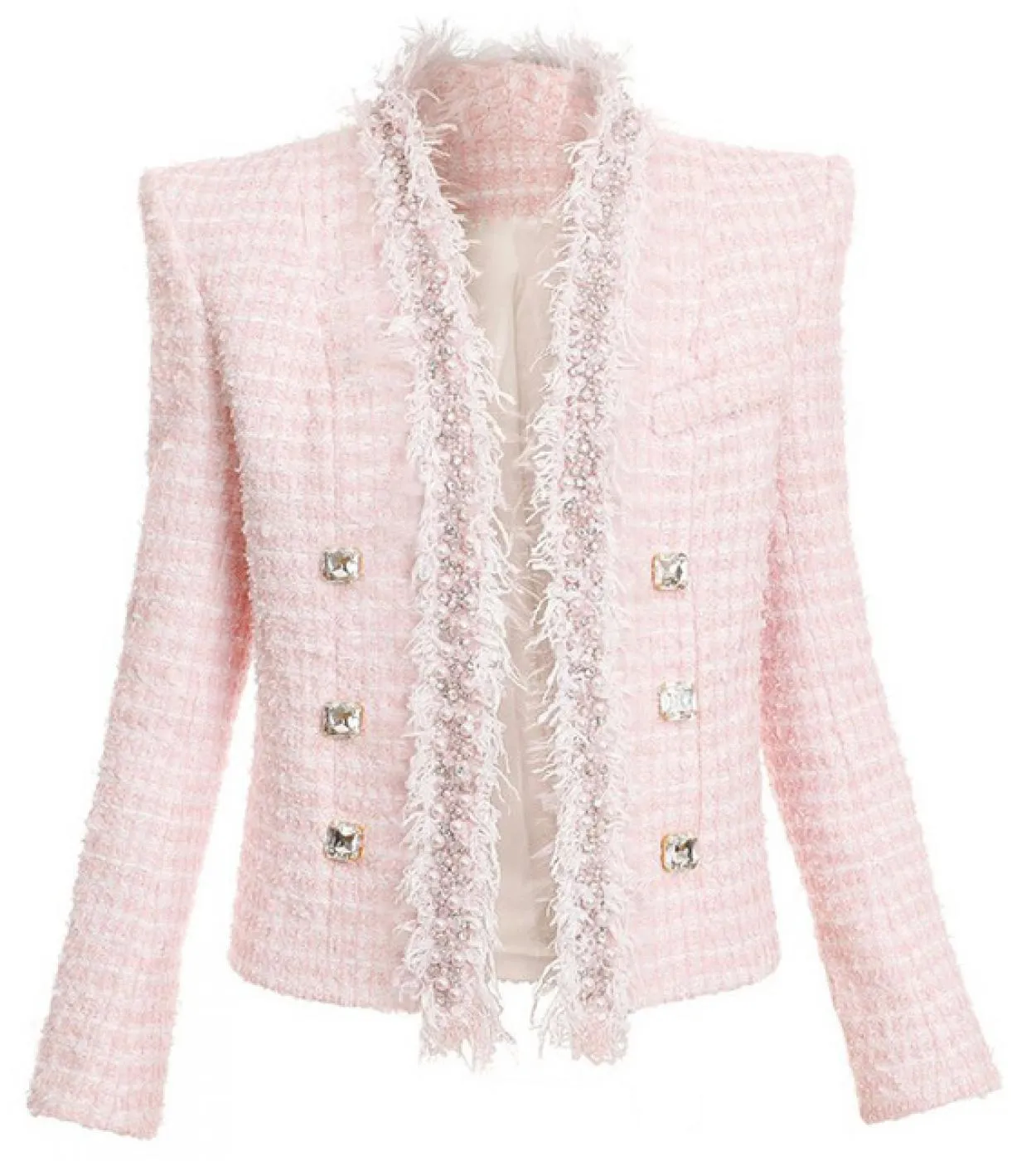 Blazer in tweed rosa di alta qualità Donna Nuovo Autunno Inverno Bottone a rombi Bordare Giacca con frange Cappotto Blazer da do