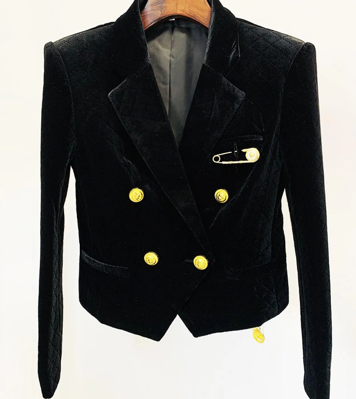 Blazer in velluto Corto Spilla nera Decorazione Bottone leone dorato Doppio petto Giacche in velluto a rombo Blazer da lavoro Wo
