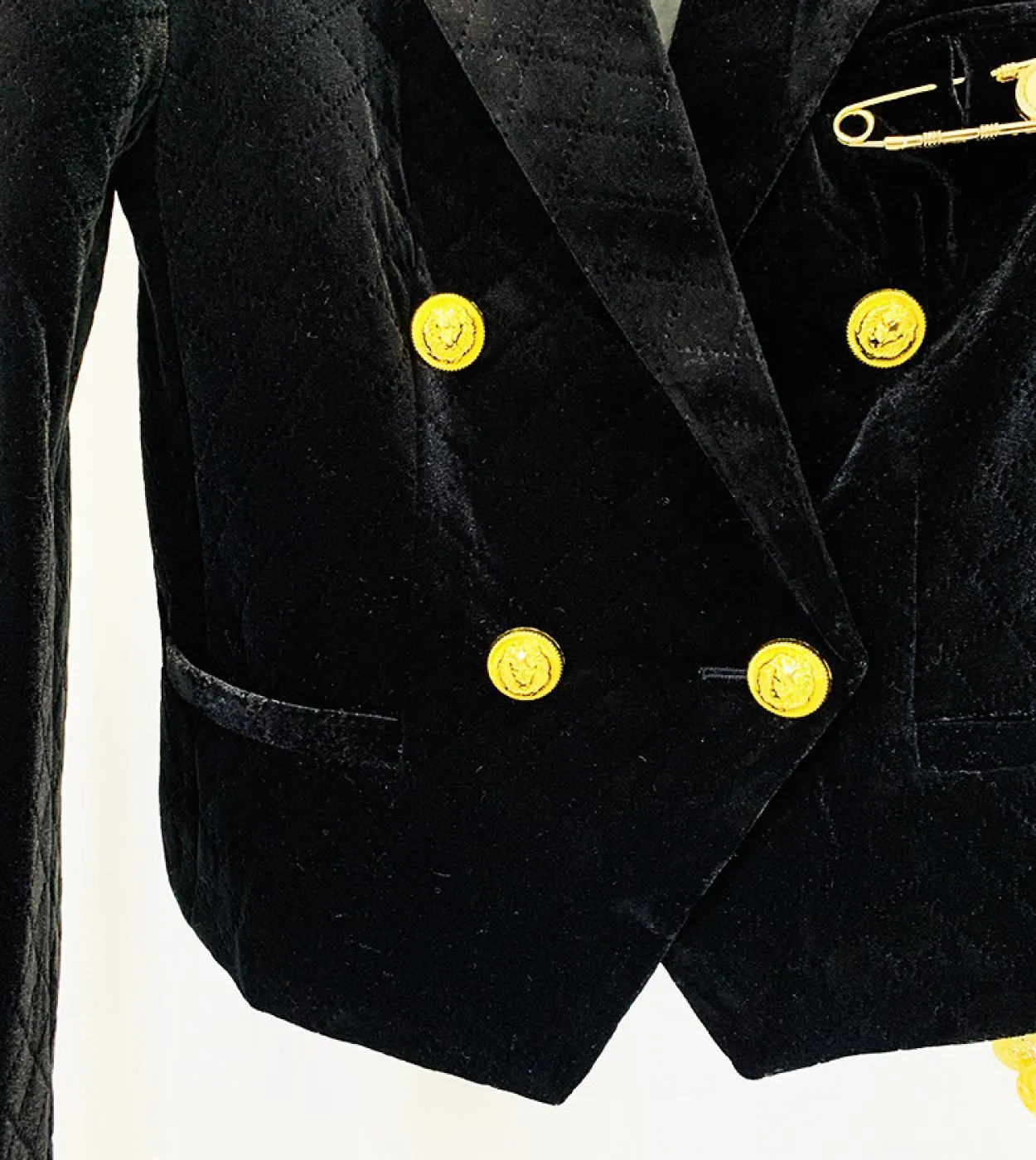 Blazer in velluto Corto Spilla nera Decorazione Bottone leone dorato Doppio petto Giacche in velluto a rombo Blazer da lavoro Wo