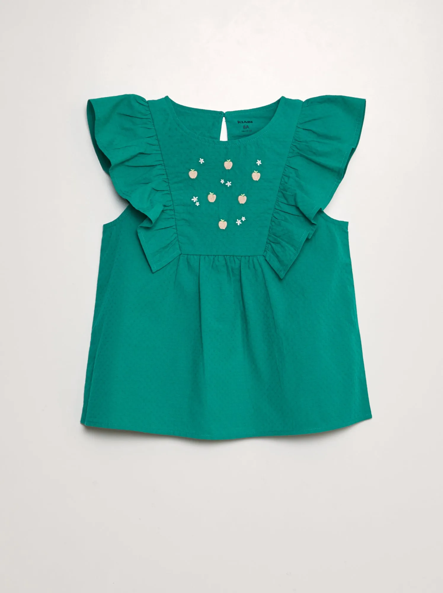 Blusa con volant e ricami 'frutti' - VERDE