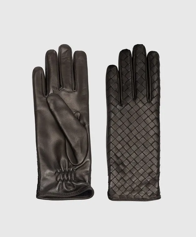 Bottega Veneta Guanti in pelle marrone con intreccio 690339VZQO1