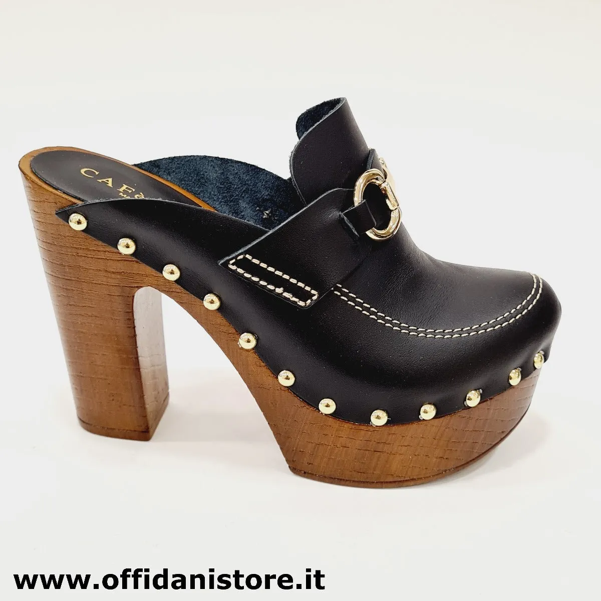 Cafenoir sabot tacco alto 11,5 cm. plateau 3,5 cm. pelle nero rif.702