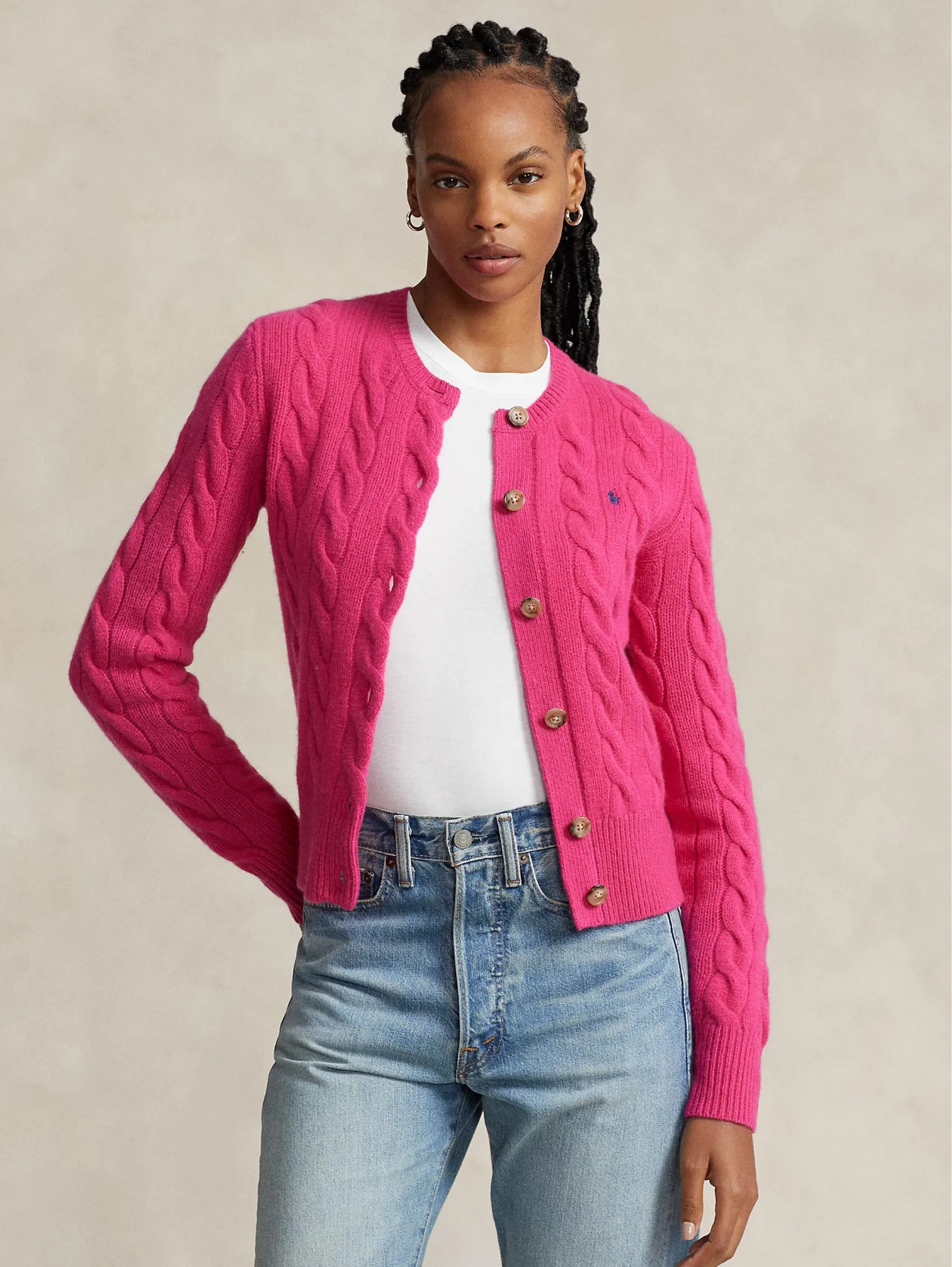 Cardigan a Trecce con Chiusura Smerlata Rosa