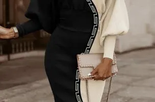 Elegante abito midi con stampa geometrica, nero e beige