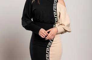Elegante abito midi con stampa geometrica, nero e beige