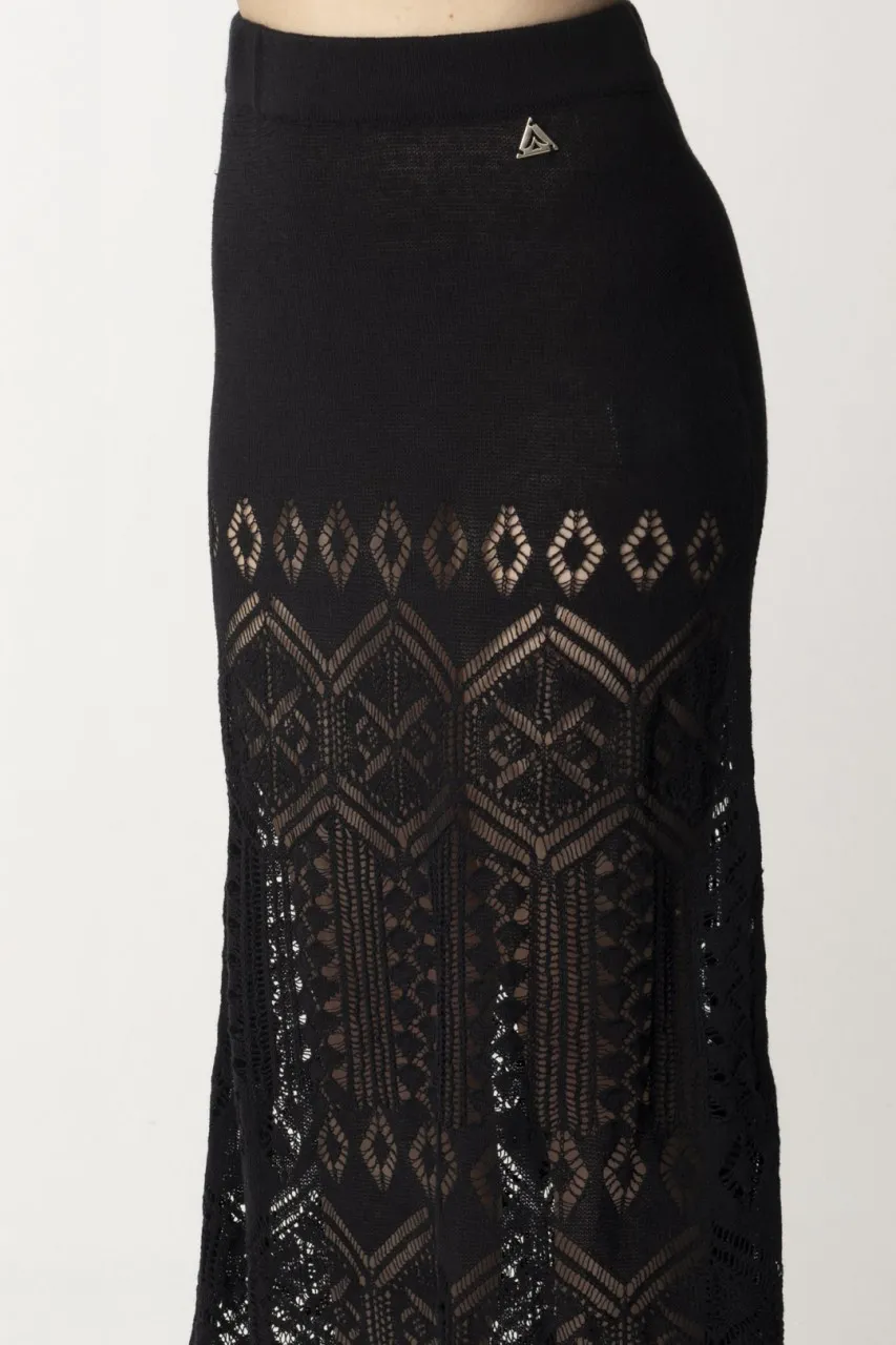 Gonna lunga in maglia di lino traforata Nero