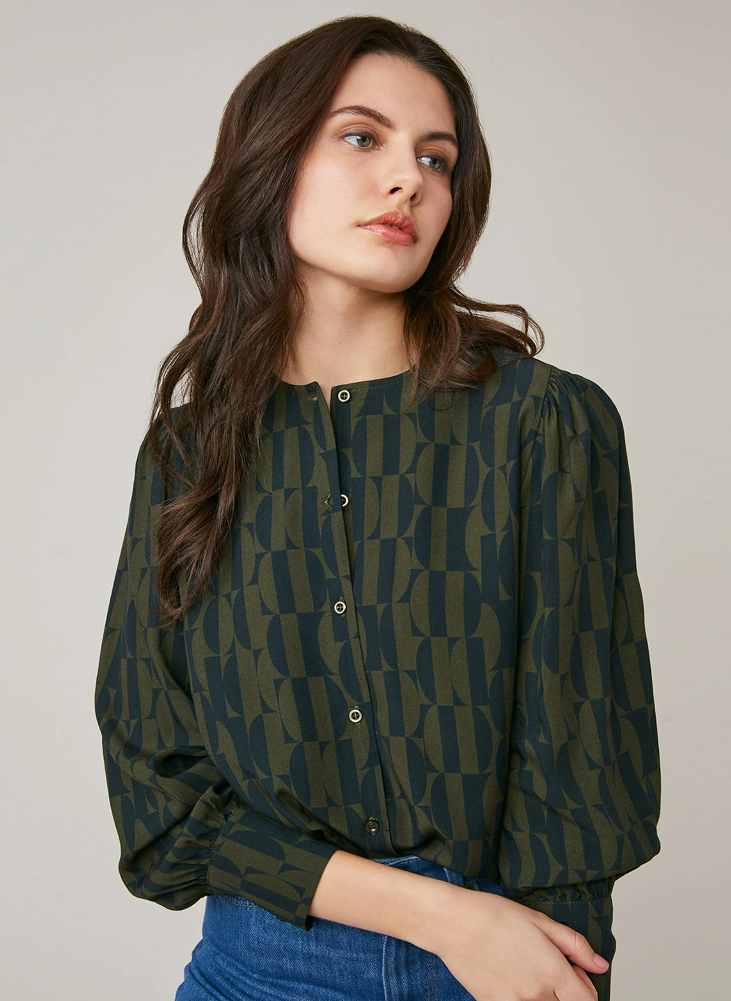  HARRIS WILSON   FIDJI - Blouse col rond imprimée | Kaki