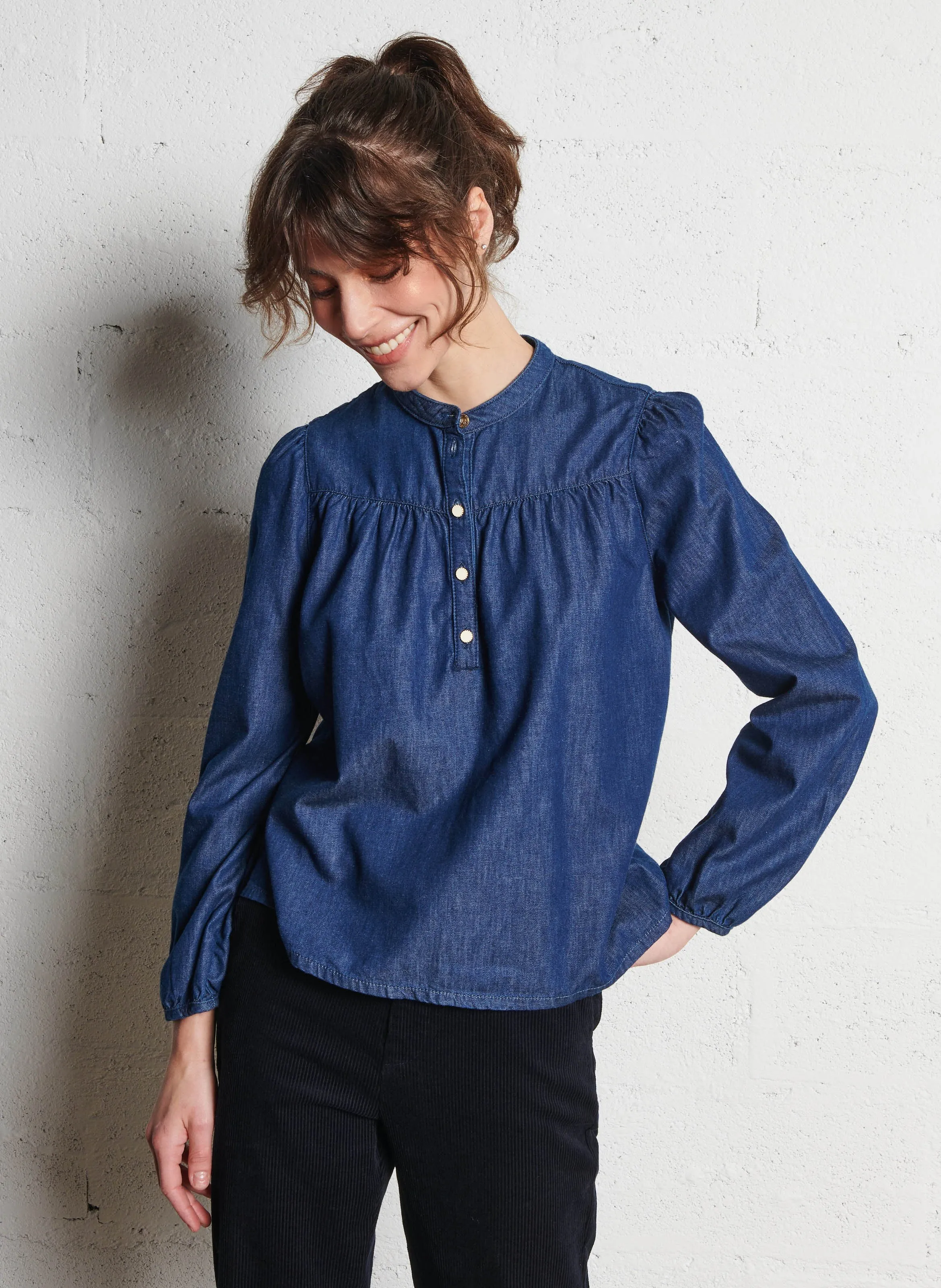  I CODE   Camicia ampia con collo alla coreana in cotone | Blu