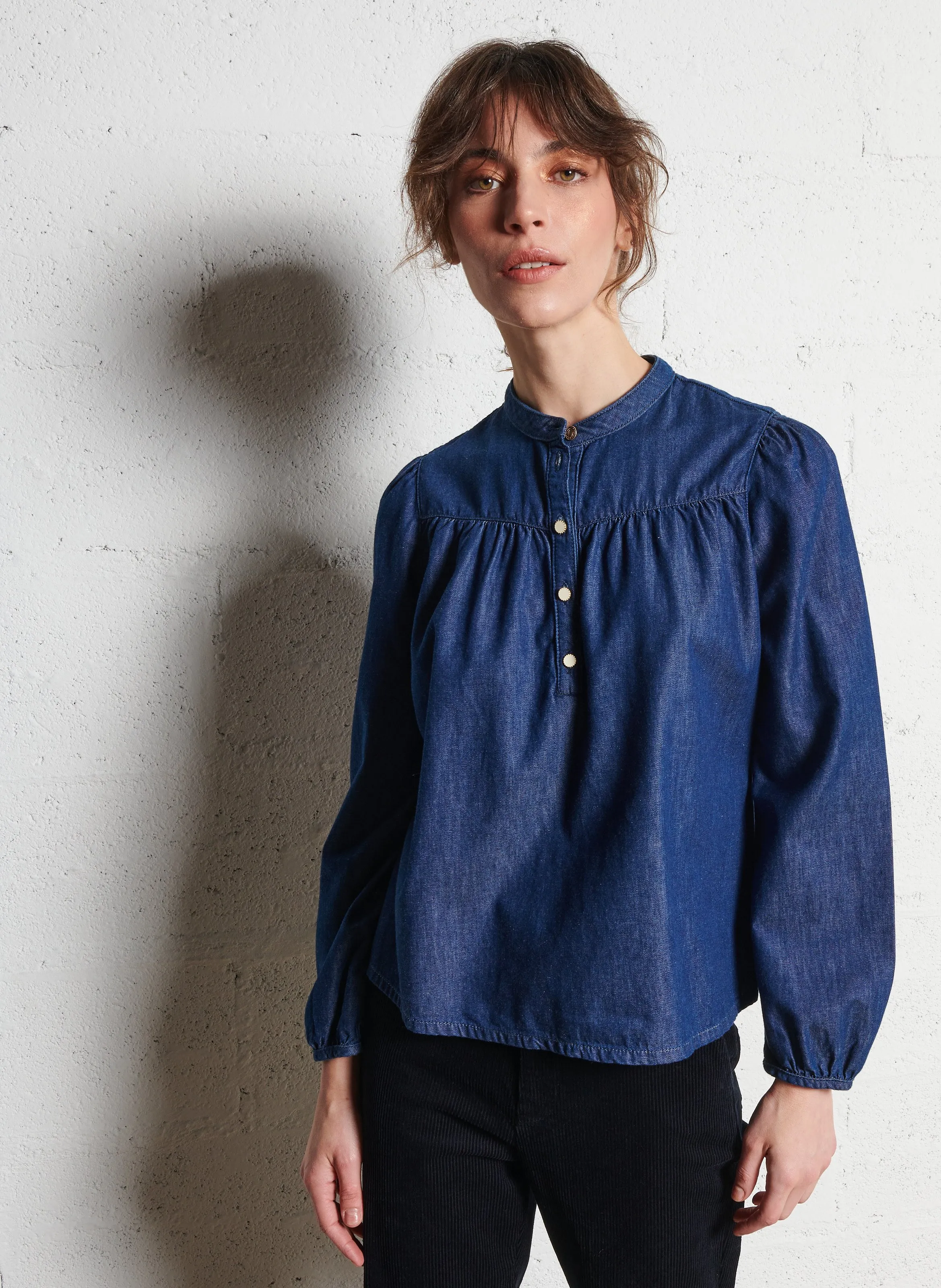  I CODE   Camicia ampia con collo alla coreana in cotone | Blu