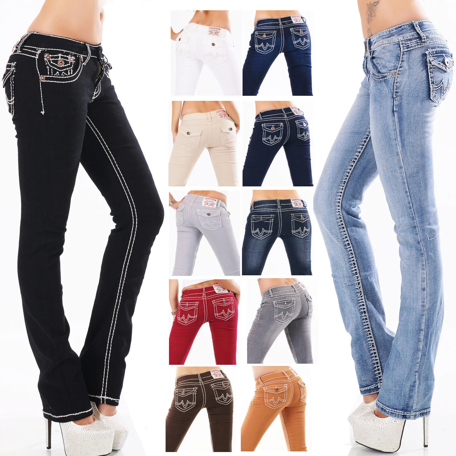 Jeans donna pantaloni dritti flap tasca con pattina cuciture spesse stretch new