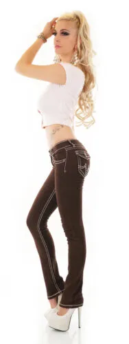 Jeans donna pantaloni dritti flap tasca con pattina cuciture spesse stretch new