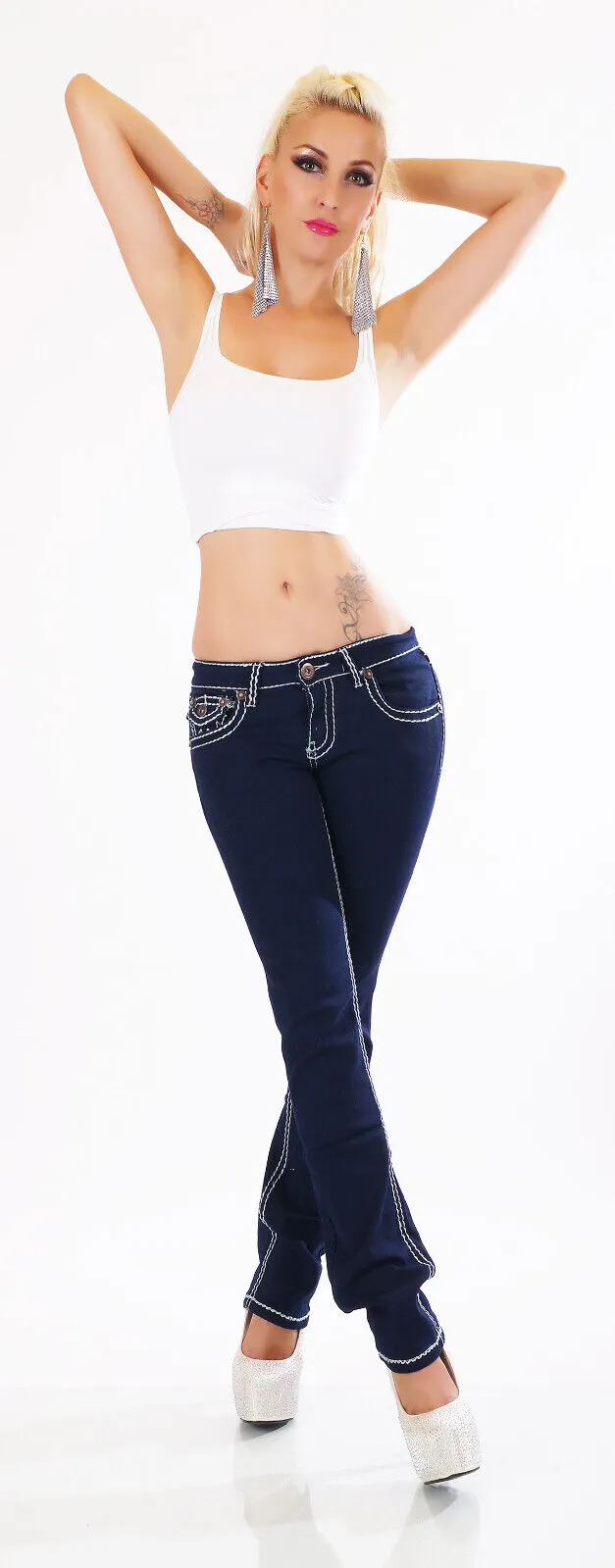 Jeans donna pantaloni dritti flap tasca con pattina cuciture spesse stretch new