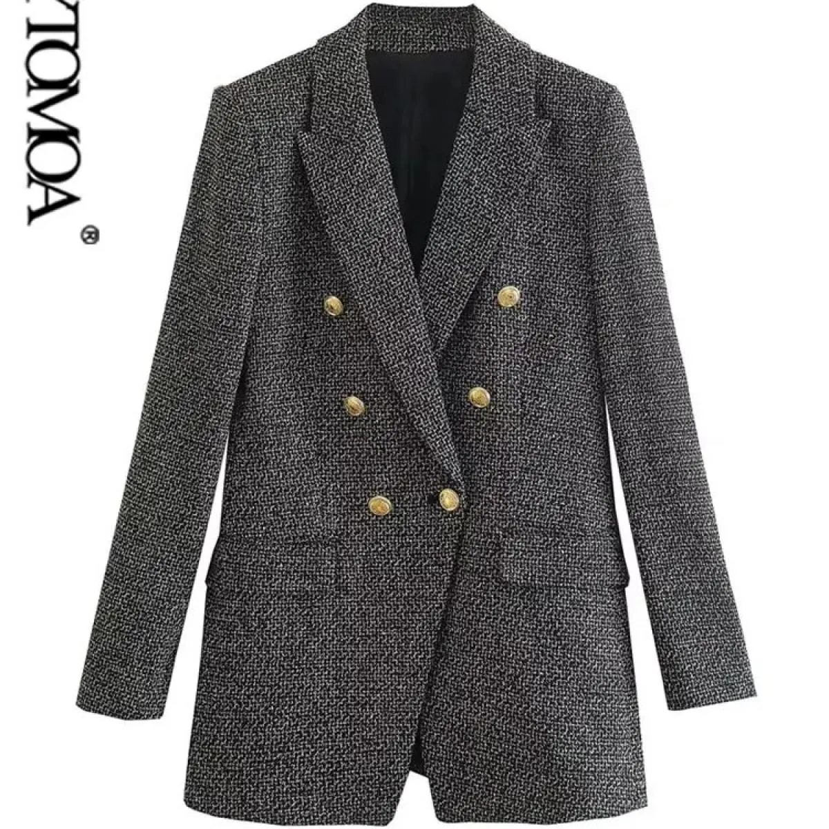 Kpytomoa Donna Moda Tweed Cappotto blazer doppiopetto Vintage Manica lunga Tasche con patta Capispalla femminile Chic Gilet F