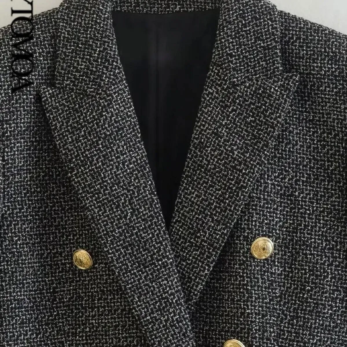 Kpytomoa Donna Moda Tweed Cappotto blazer doppiopetto Vintage Manica lunga Tasche con patta Capispalla femminile Chic Gilet F
