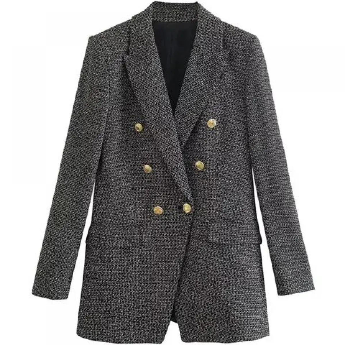 Kpytomoa Donna Moda Tweed Cappotto blazer doppiopetto Vintage Manica lunga Tasche con patta Capispalla femminile Chic Gilet F