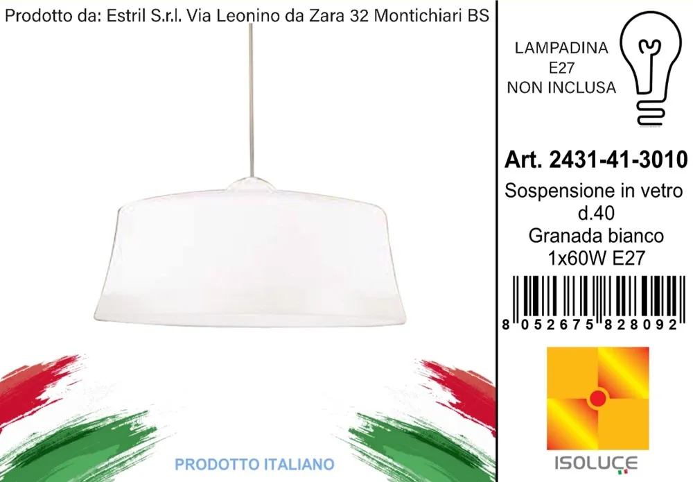 Lampadario a sospensione Granada E27 in vetro bianco Ø 40 cm