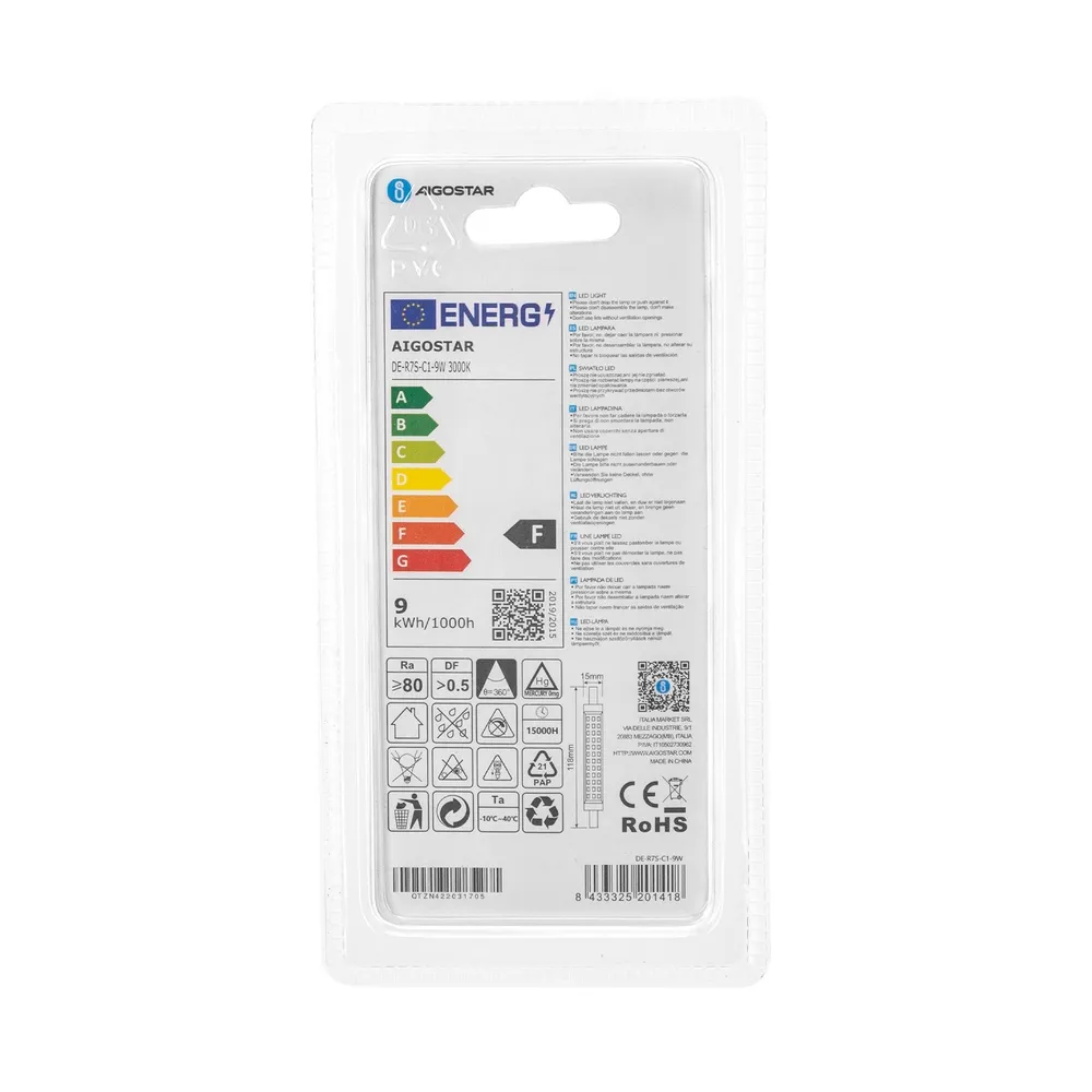 Lampadina Led R7S Lineare 118mm 9W SMD Bianco caldo 3000K Aigostar