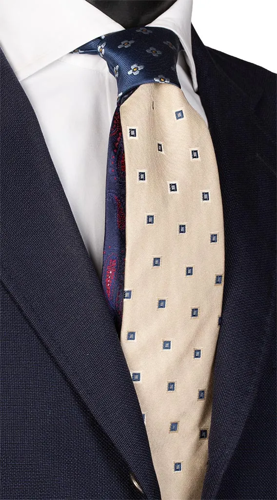 Man Beige Silk Tie Deep Blue Pattern Deep Blue Contrast Knot N1919