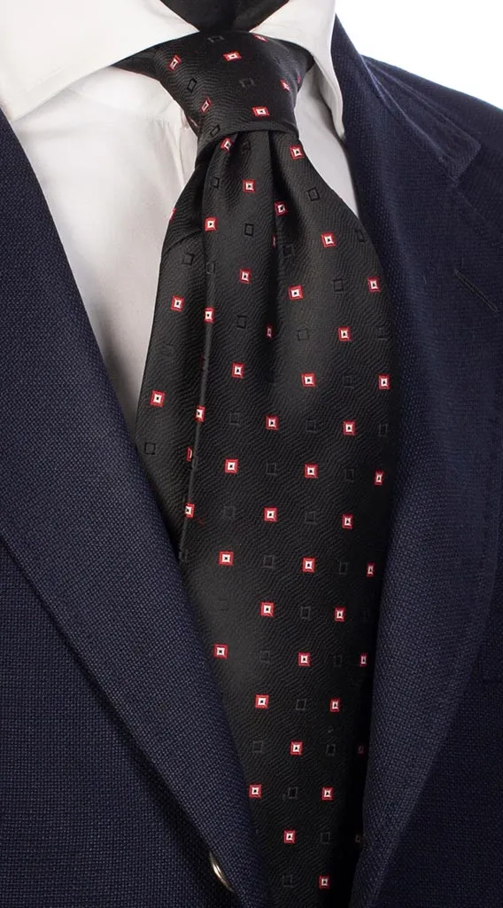 Man Black Silk Tie Tone on Tone Red White Pattern 577