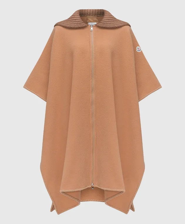 Moncler Poncho in lana marrone con logo 3G000050U134