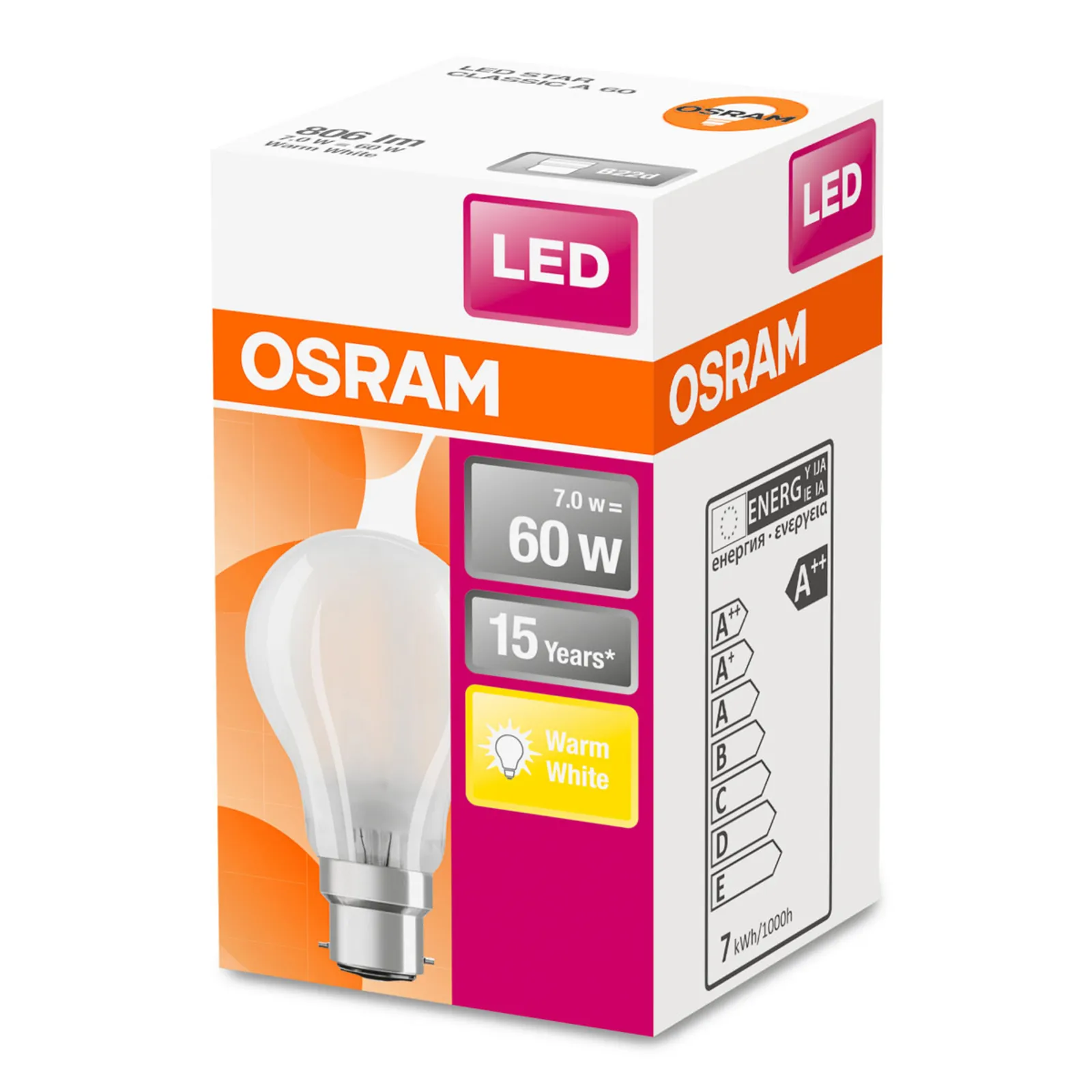 OSRAM LED B22d Classic A 6,5W 2.700K satinato