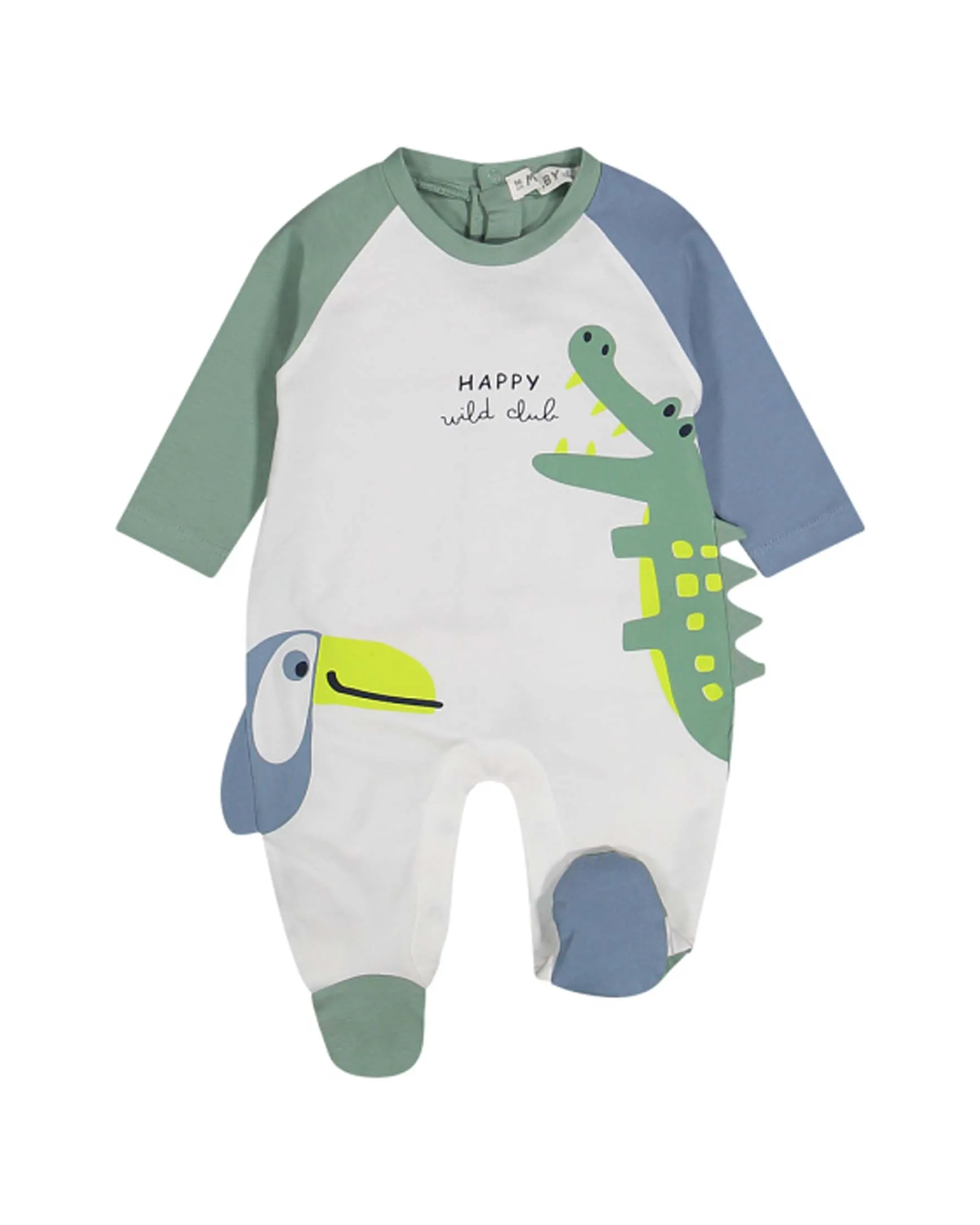Pagliaccetto bianco azzurro e verde in cotone stretch con stampa animaletti 3-6 mesi