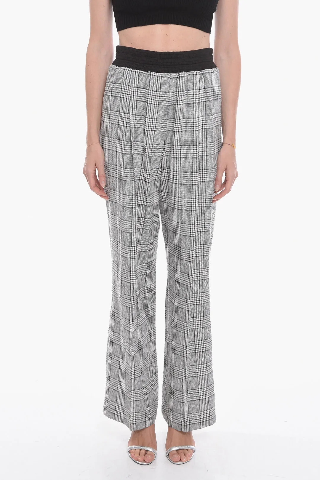 Pantaloni District Check ad 1 Pince con Elastico in Vita
