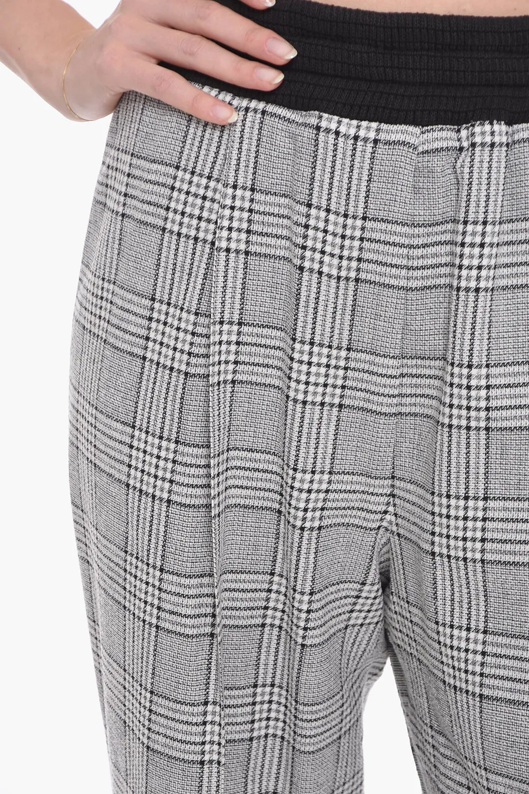 Pantaloni District Check ad 1 Pince con Elastico in Vita