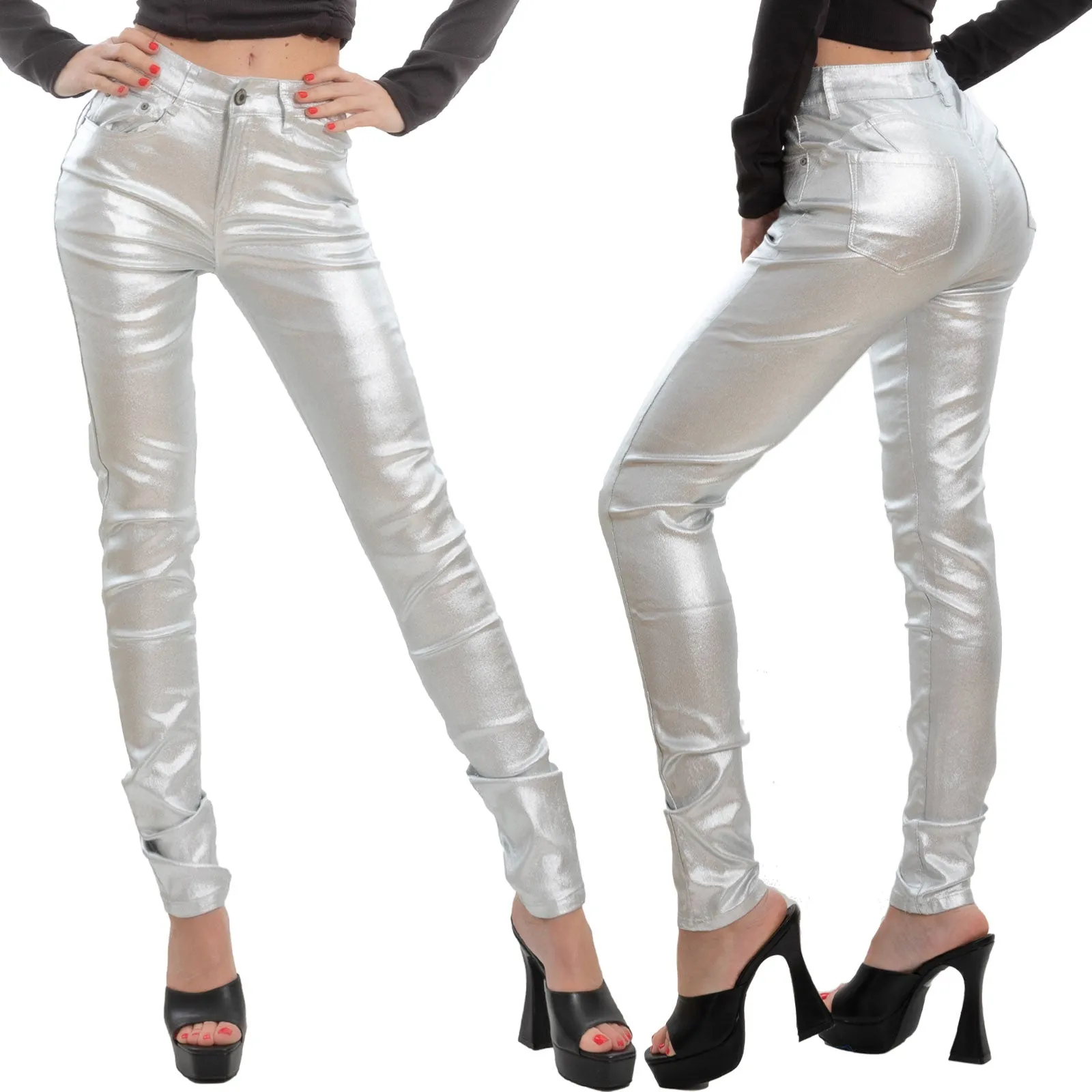 Pantaloni Donna Argento Effetto Laminato Lurex Vi-5127