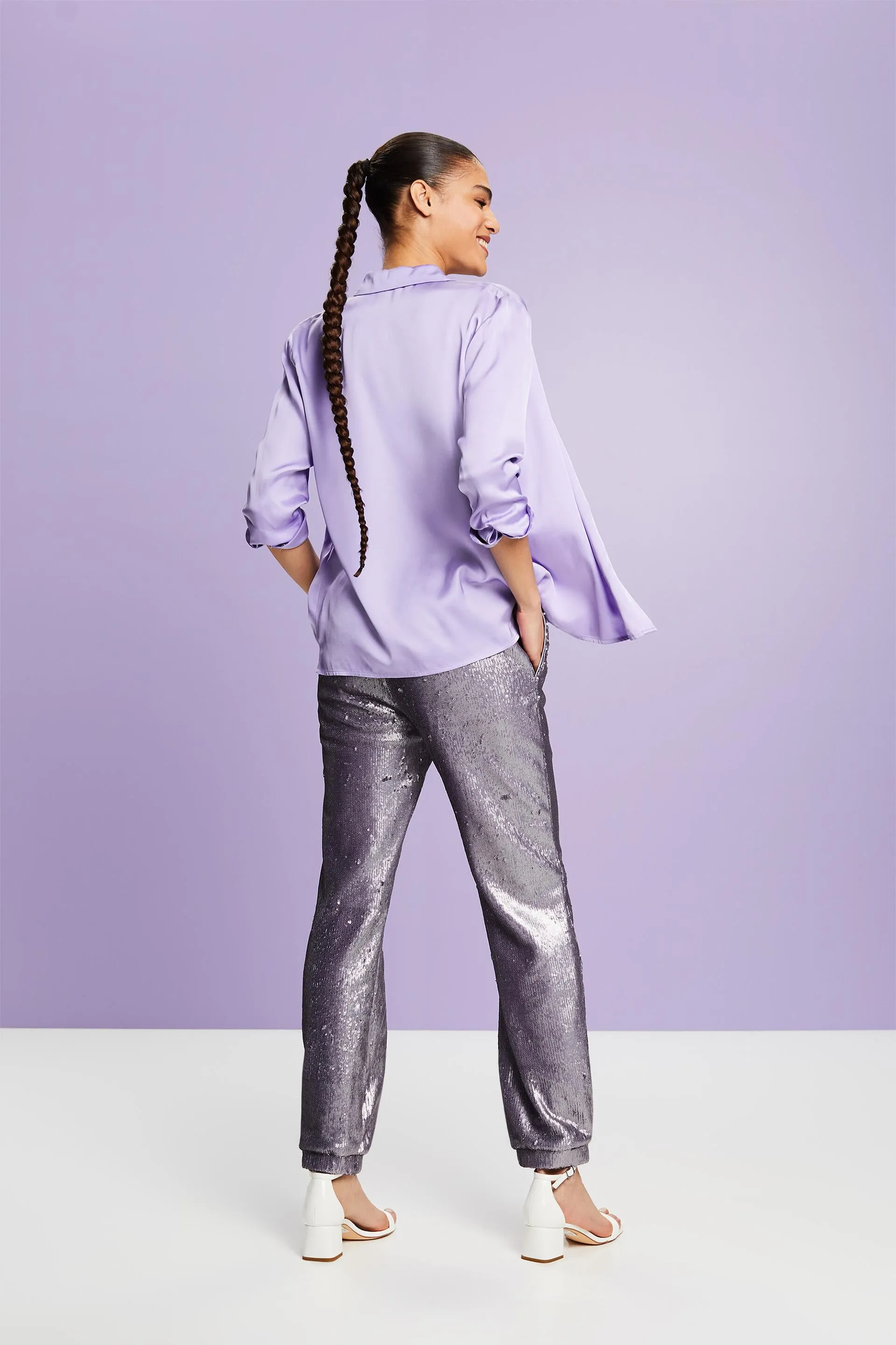 Pantaloni in raso con paillettes