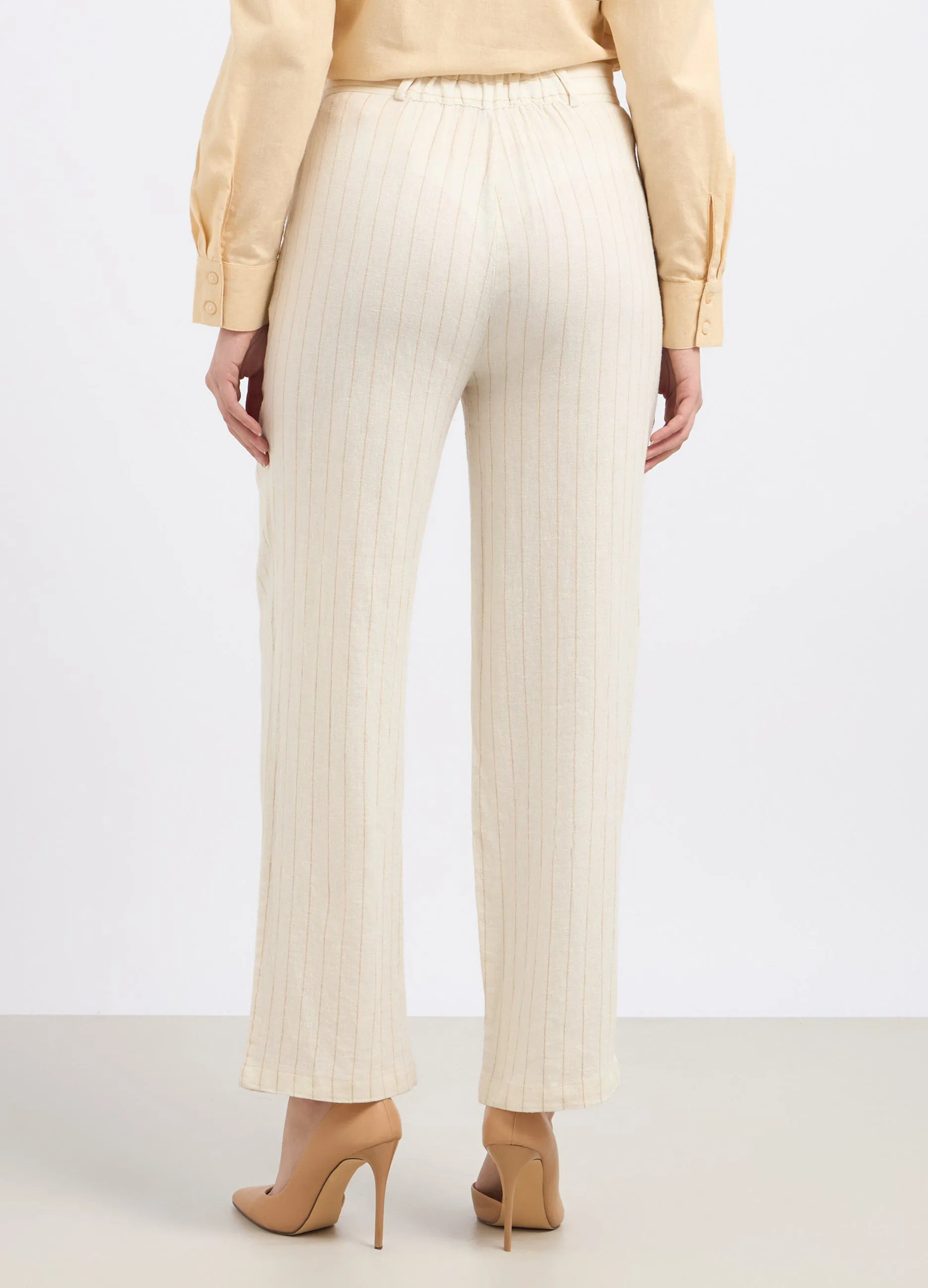 Pantaloni rigati in misto lino donna
