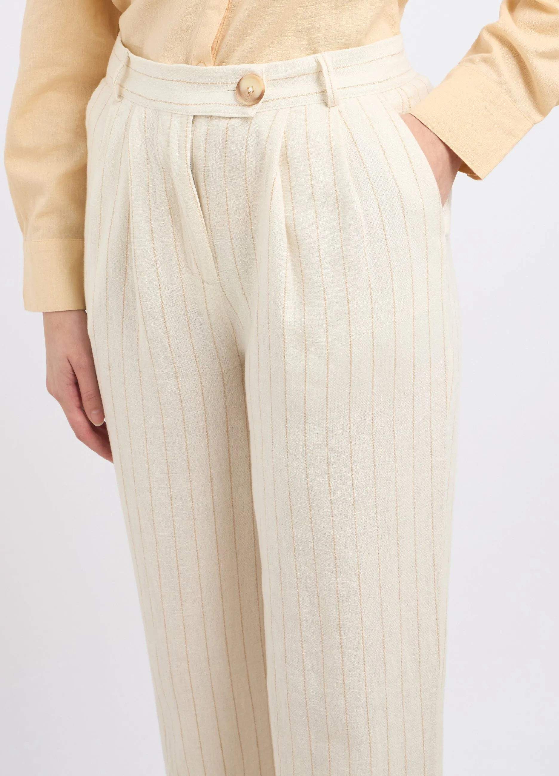 Pantaloni rigati in misto lino donna